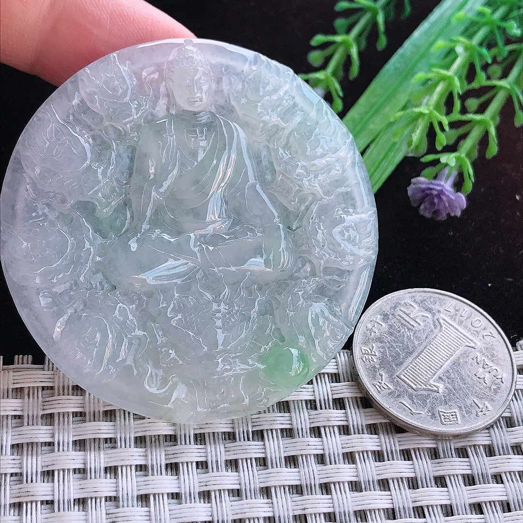 实拍A货翡翠54.5/5.2老坑冰胶晴底阿弥陀佛吊坠翡翠玉牌挂件