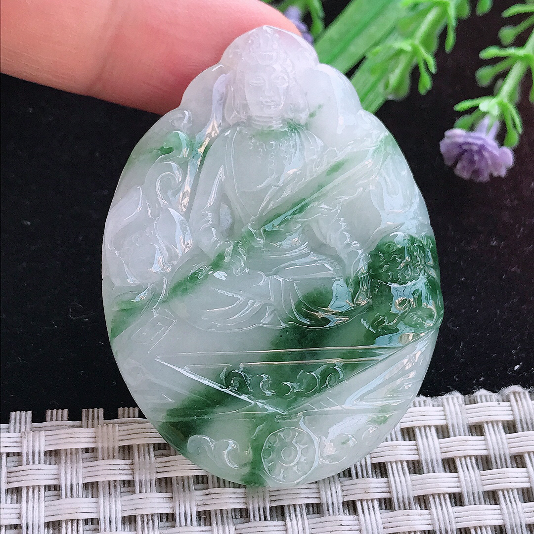 实拍A货翡翠52.5/39.5/5.5老坑冰润起胶飘花文殊菩萨吊坠翡翠玉牌挂件