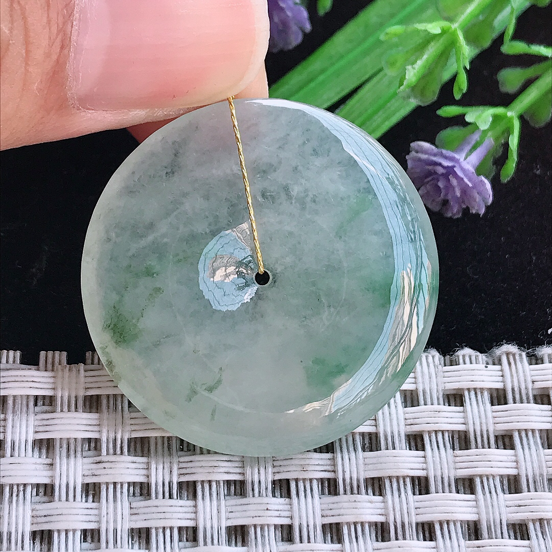 实拍A货翡翠31.6/5.2老坑冰胶飘花平安扣吊坠翡翠玉扣挂件