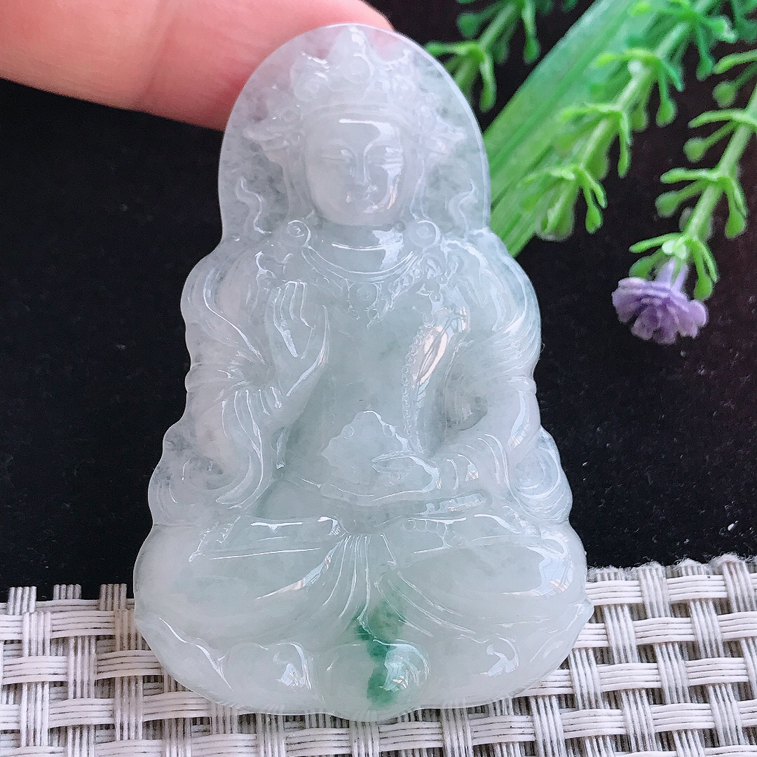 实拍A货翡翠65/41/6.5老坑温润飘花渡母菩萨吊坠翡翠玉牌挂件