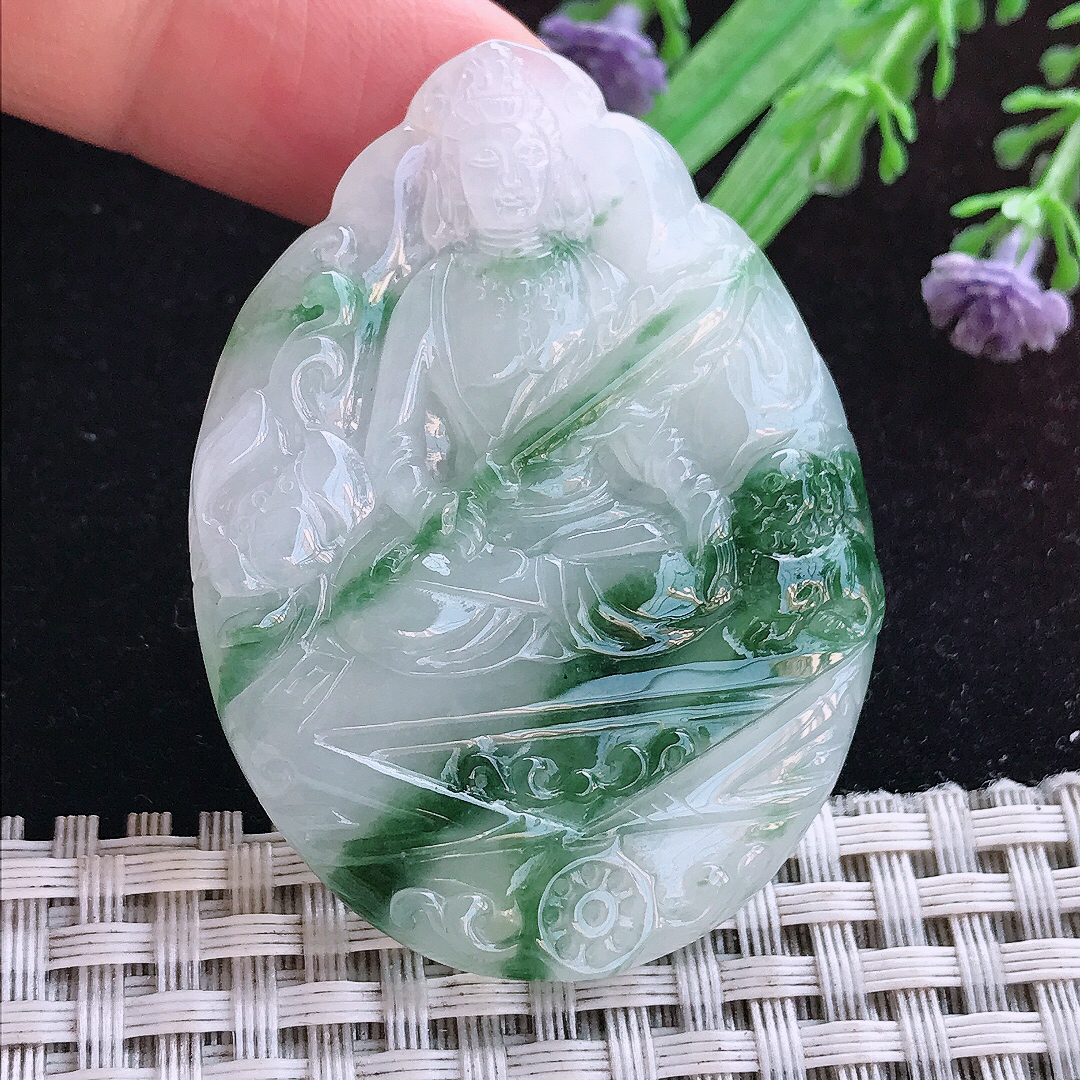 实拍A货翡翠52.5/39.5/5.5老坑冰润起胶飘花文殊菩萨吊坠翡翠玉牌挂件