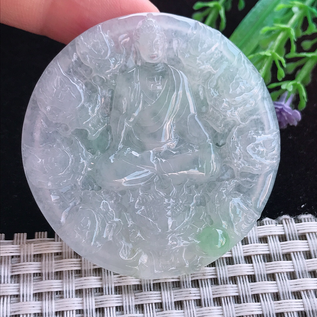 实拍A货翡翠54.5/5.2老坑冰胶晴底阿弥陀佛吊坠翡翠玉牌挂件