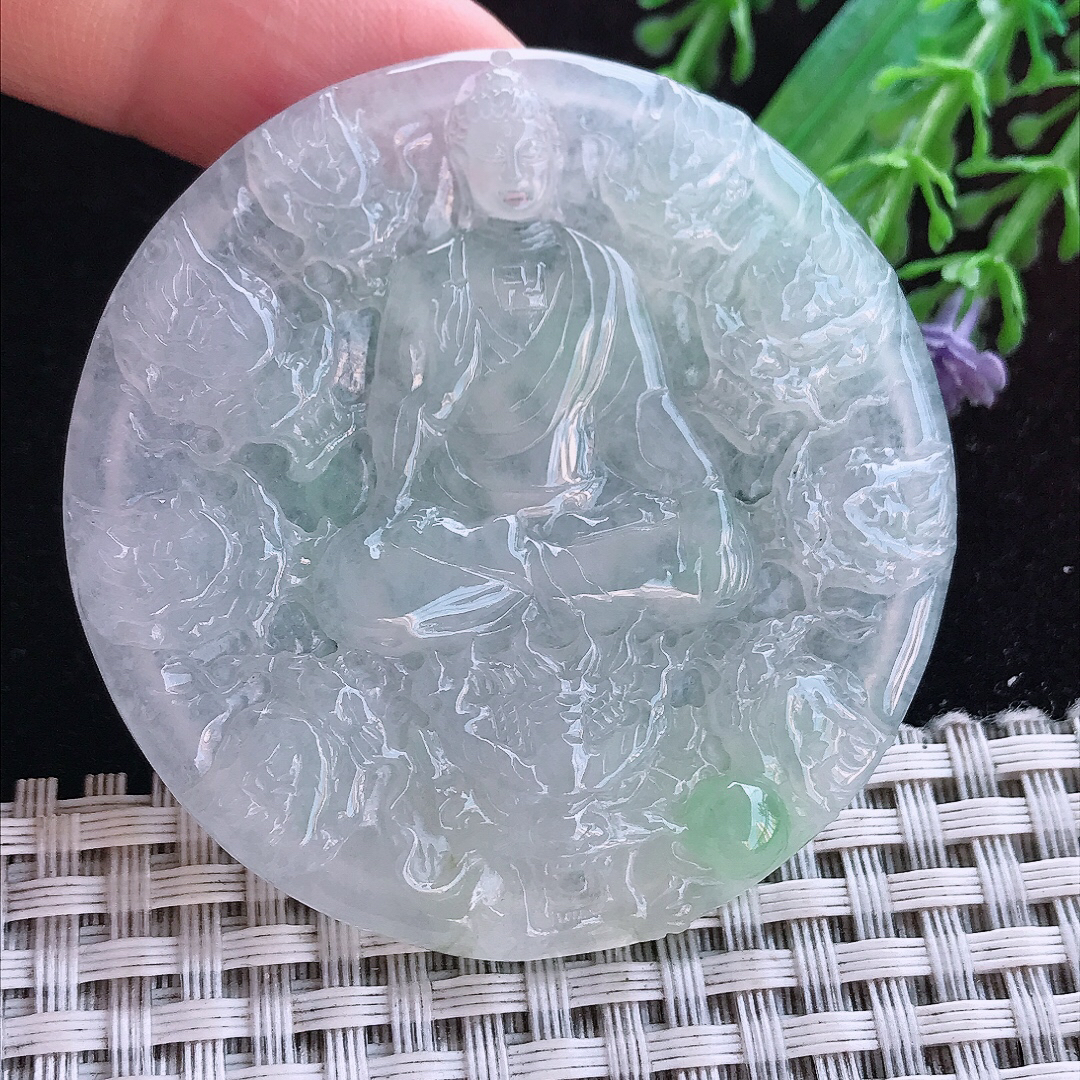 实拍A货翡翠54.5/5.2老坑冰胶晴底阿弥陀佛吊坠翡翠玉牌挂件