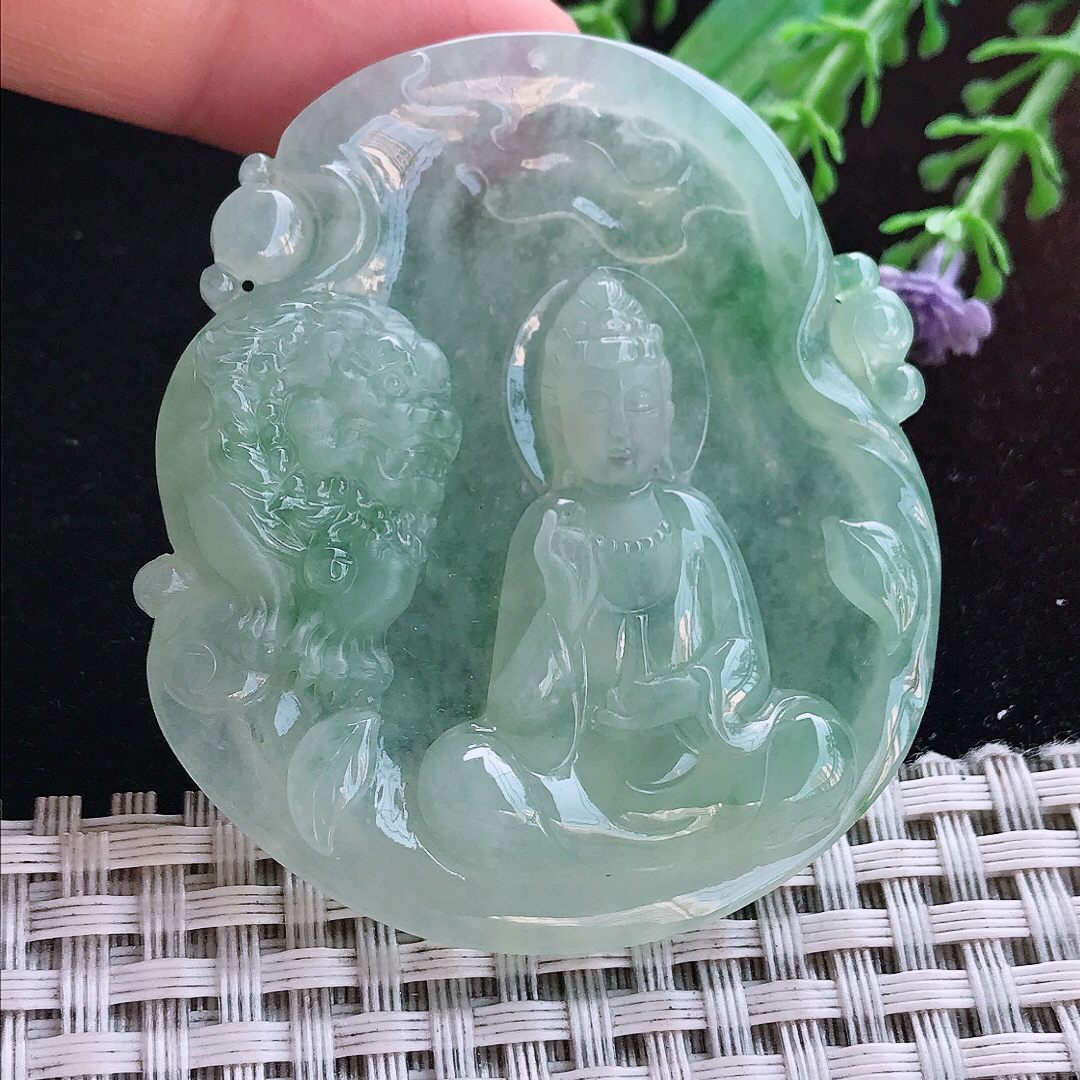 实拍A货翡翠54.5/49/6.8老坑冰透起胶冰晴文殊菩萨吊坠翡翠玉牌挂件