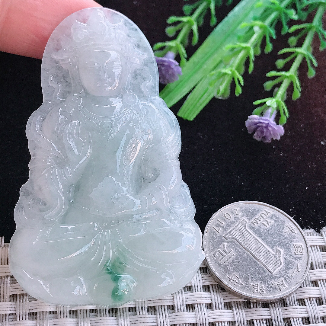 实拍A货翡翠65/41/6.5老坑温润飘花渡母菩萨吊坠翡翠玉牌挂件