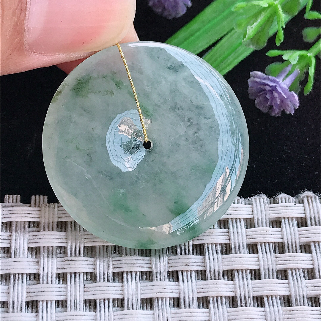实拍A货翡翠31.6/5.2老坑冰胶飘花平安扣吊坠翡翠玉扣挂件