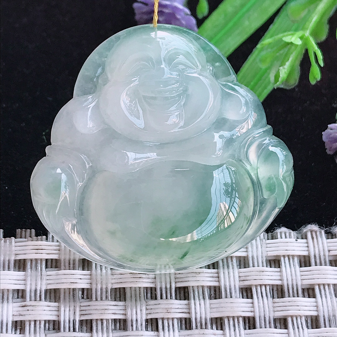 实拍A货翡翠32/34.3/7.2老坑冰种冰飘花佛公吊坠翡翠玉佛挂件