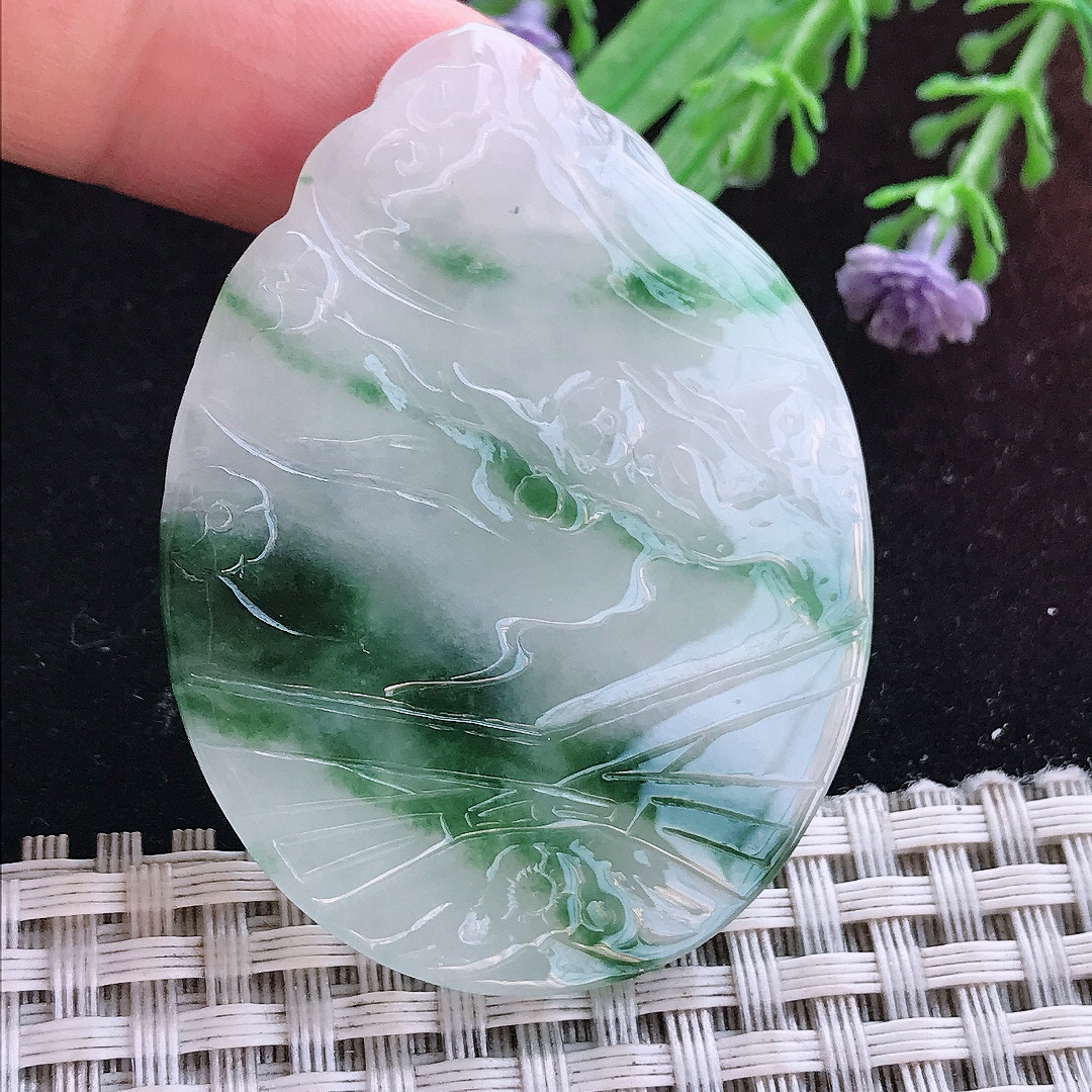 实拍A货翡翠52.5/39.5/5.5老坑冰润起胶飘花文殊菩萨吊坠翡翠玉牌挂件