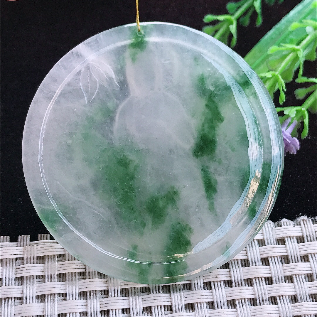 实拍A货翡翠53.2/5.5老坑冰胶冰飘花赐福观音吊坠翡翠玉牌挂件