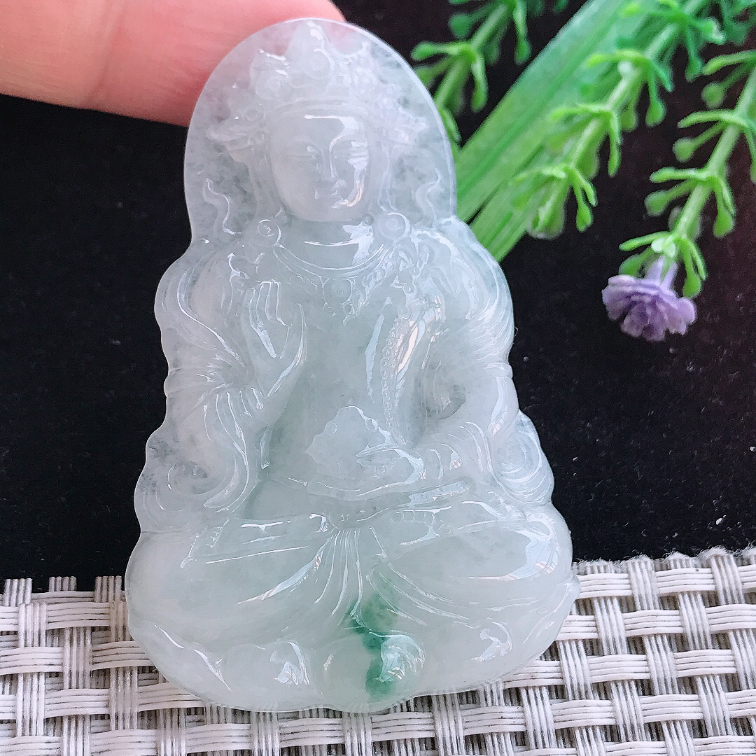 实拍A货翡翠65/41/6.5老坑温润飘花渡母菩萨吊坠翡翠玉牌挂件
