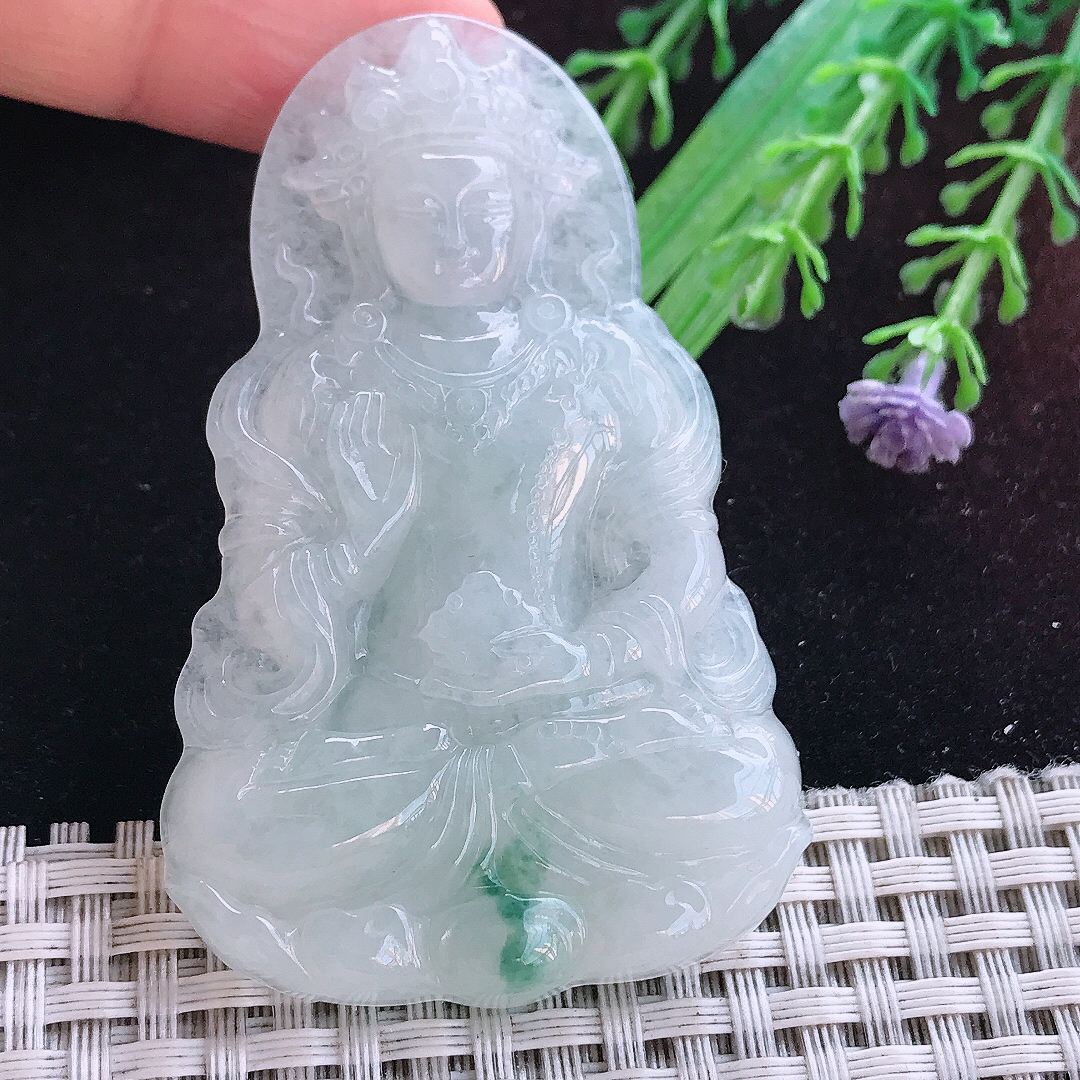 实拍A货翡翠65/41/6.5老坑温润飘花渡母菩萨吊坠翡翠玉牌挂件