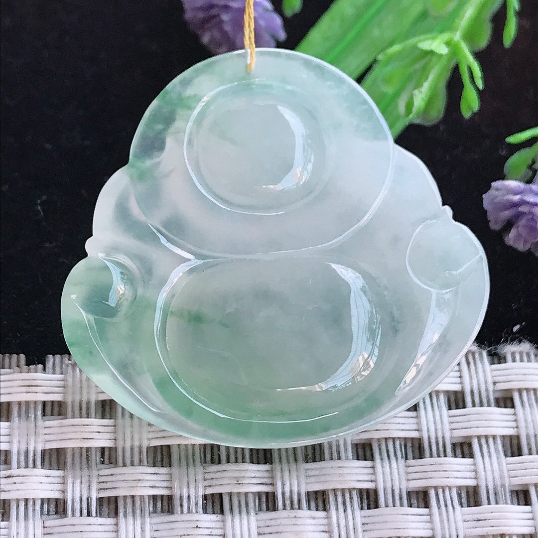实拍A货翡翠32/34.3/7.2老坑冰种冰飘花佛公吊坠翡翠玉佛挂件