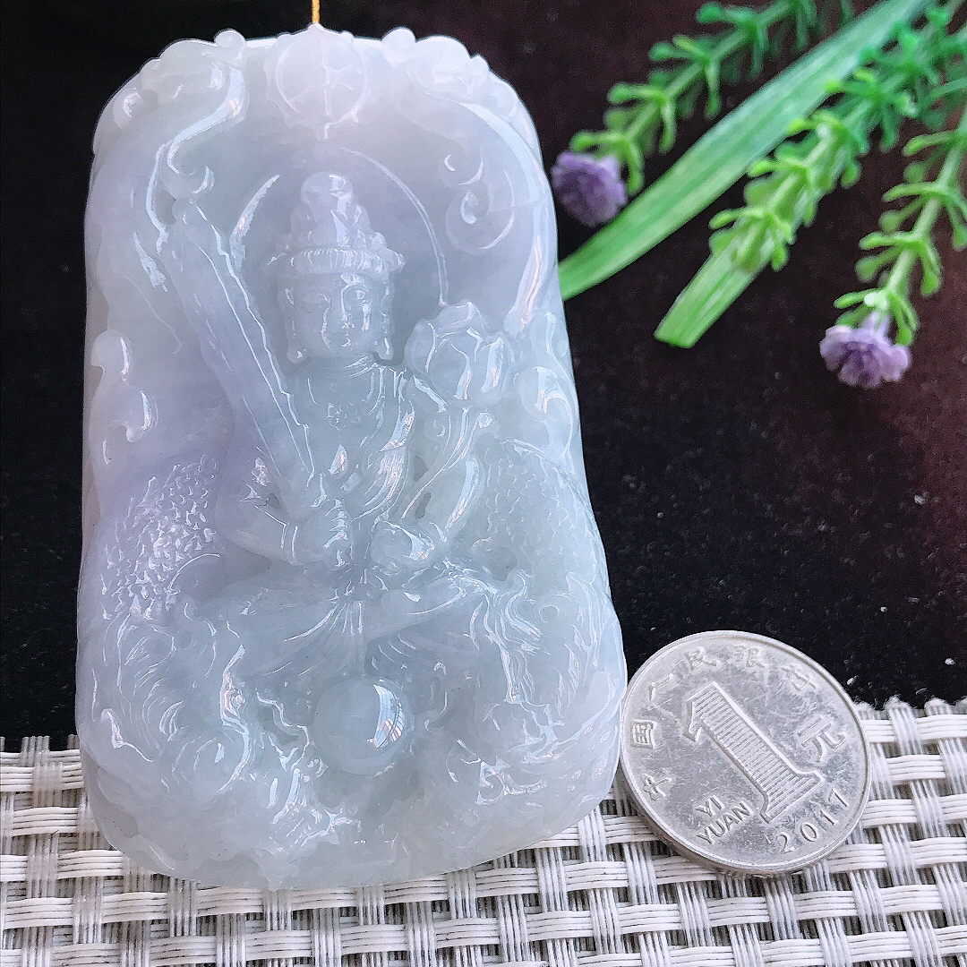 实拍A货翡翠76.8/48/11老坑冰润紫罗兰虚空藏菩萨吊坠翡翠玉牌挂件