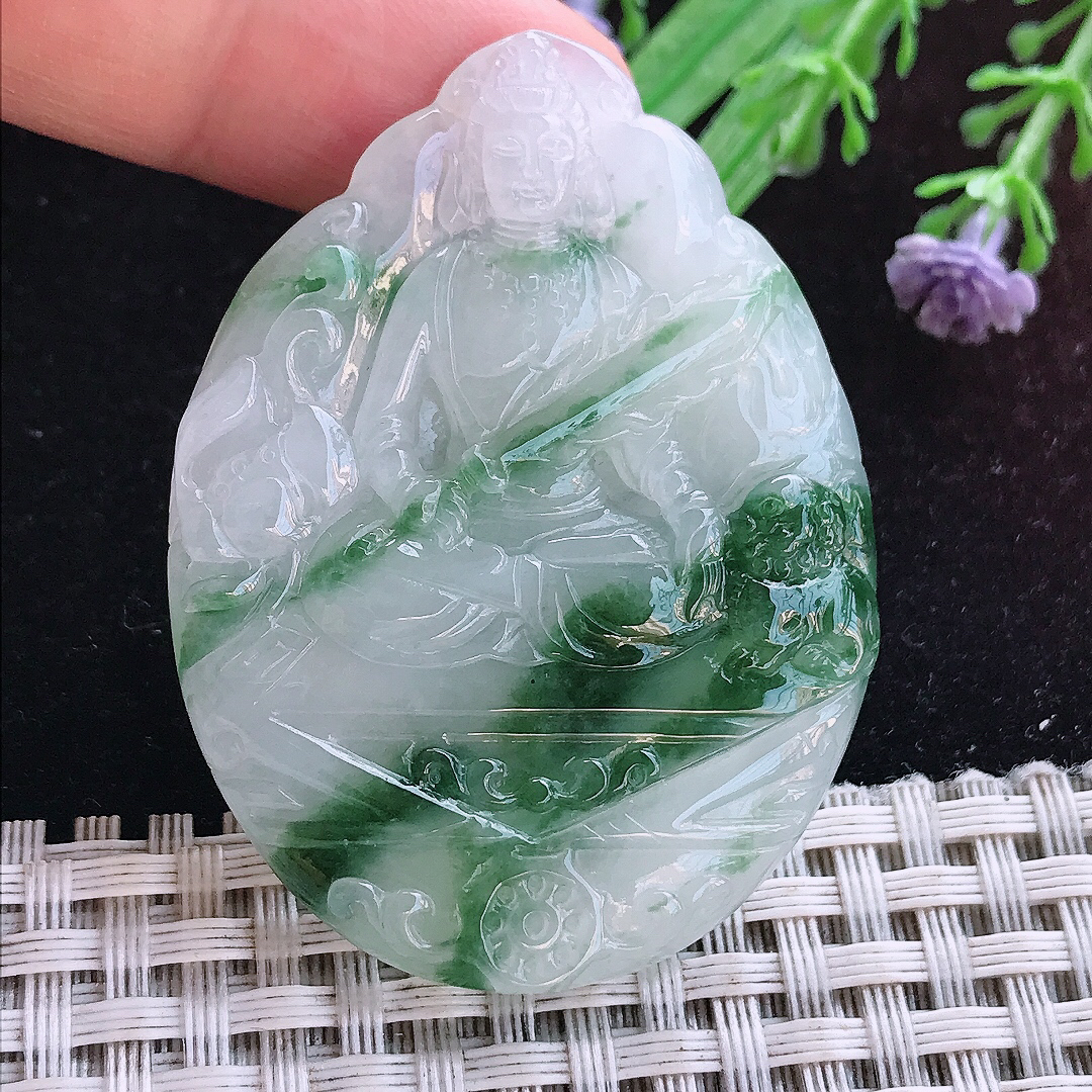 实拍A货翡翠52.5/39.5/5.5老坑冰润起胶飘花文殊菩萨吊坠翡翠玉牌挂件