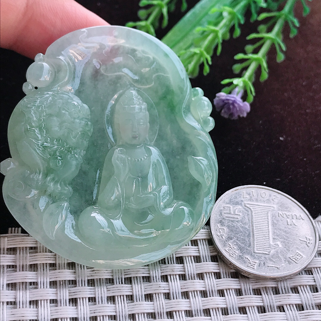 实拍A货翡翠54.5/49/6.8老坑冰透起胶冰晴文殊菩萨吊坠翡翠玉牌挂件