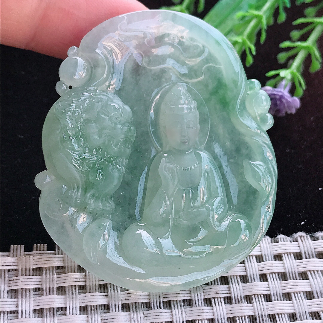 实拍A货翡翠54.5/49/6.8老坑冰透起胶冰晴文殊菩萨吊坠翡翠玉牌挂件