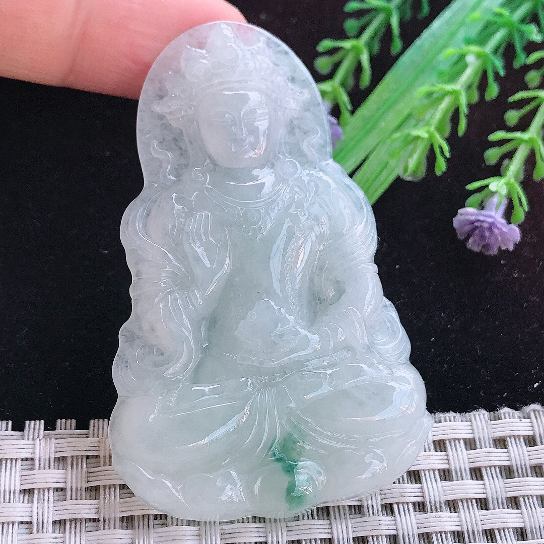 实拍A货翡翠65/41/6.5老坑温润飘花渡母菩萨吊坠翡翠玉牌挂件