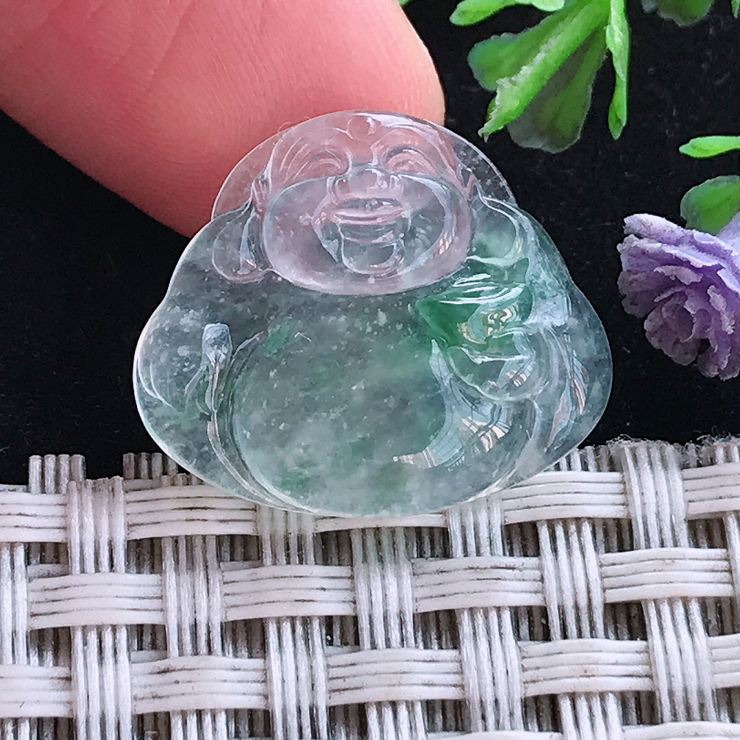 实拍A货翡翠17.8/21/4.1老坑冰种冰飘花佛公镶嵌件吊坠翡翠玉牌挂件