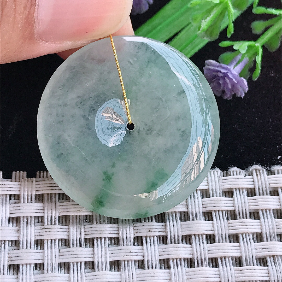 实拍A货翡翠31.6/5.2老坑冰胶飘花平安扣吊坠翡翠玉扣挂件