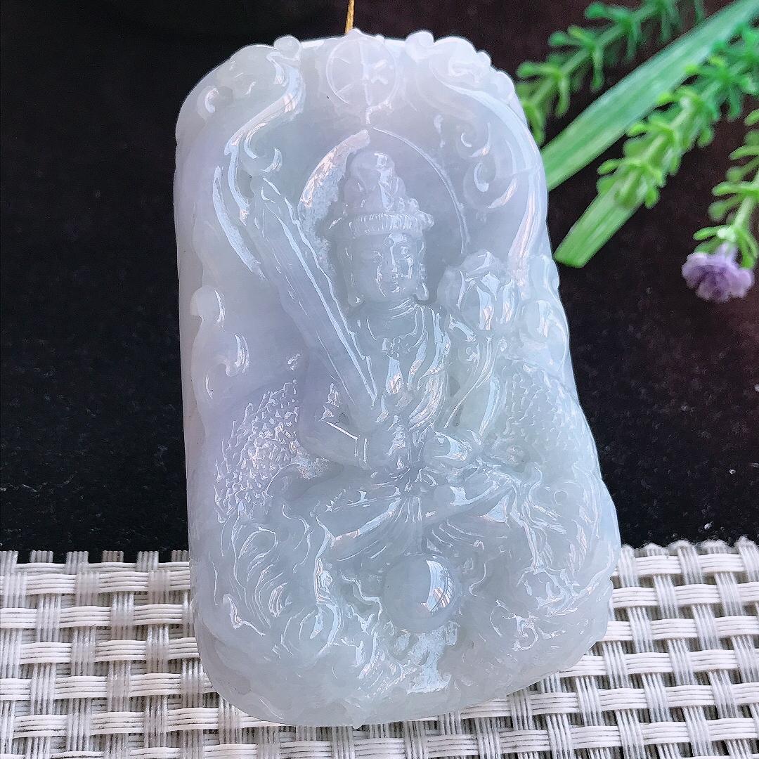 实拍A货翡翠76.8/48/11老坑冰润紫罗兰虚空藏菩萨吊坠翡翠玉牌挂件