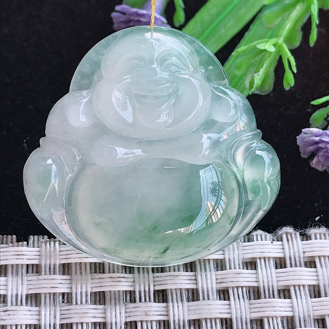 实拍A货翡翠32/34.3/7.2老坑冰种冰飘花佛公吊坠翡翠玉佛挂件