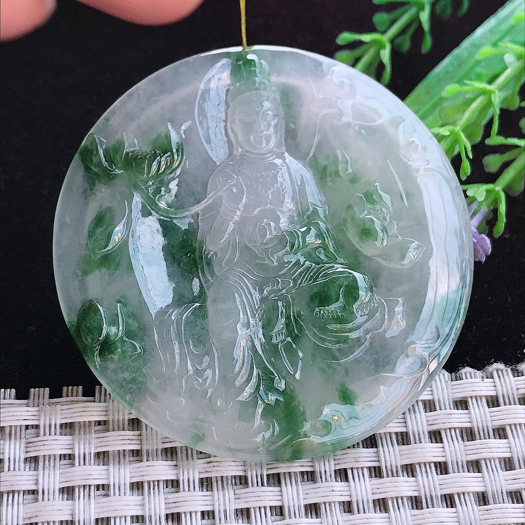 实拍A货翡翠53.2/5.5老坑冰胶冰飘花赐福观音吊坠翡翠玉牌挂件