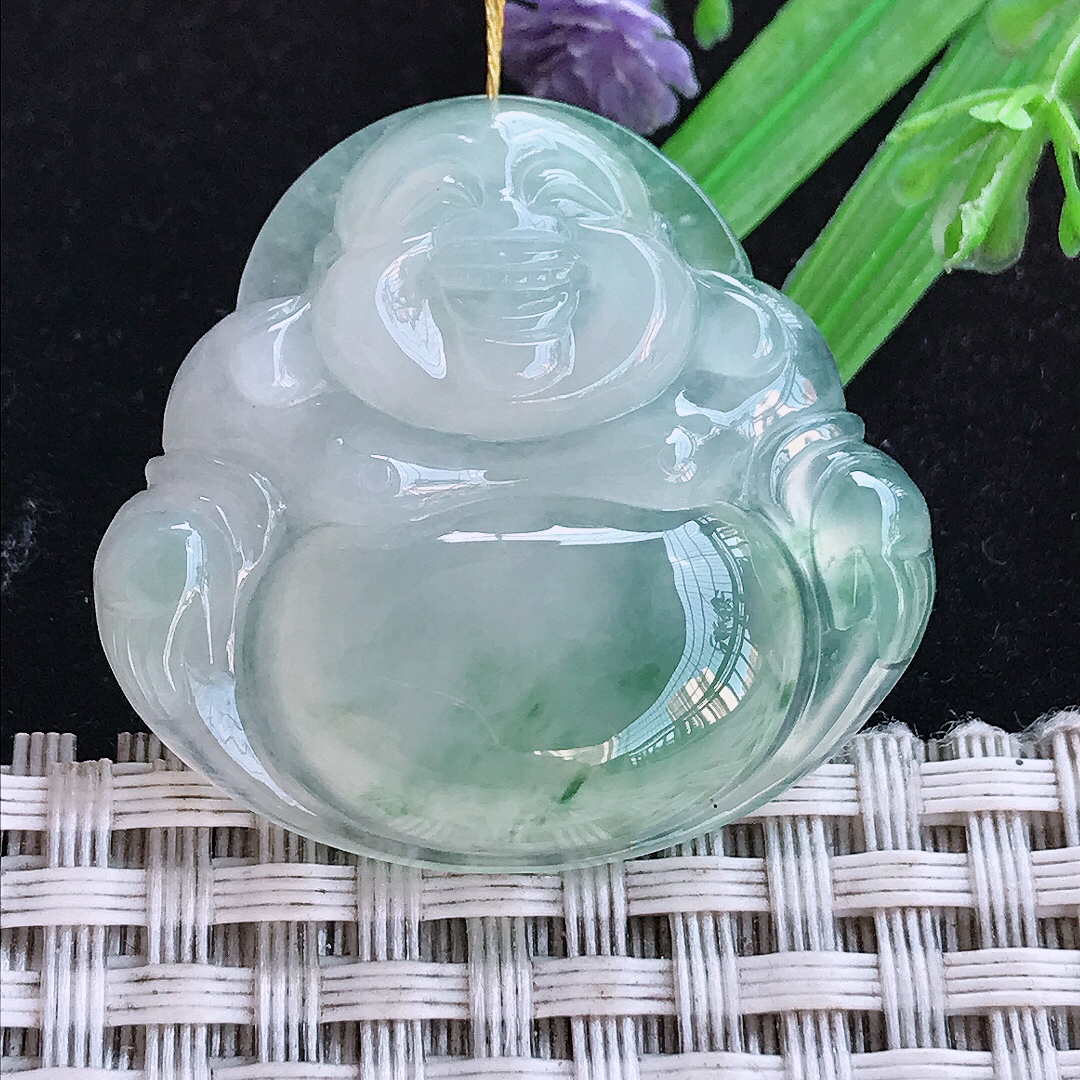 实拍A货翡翠32/34.3/7.2老坑冰种冰飘花佛公吊坠翡翠玉佛挂件
