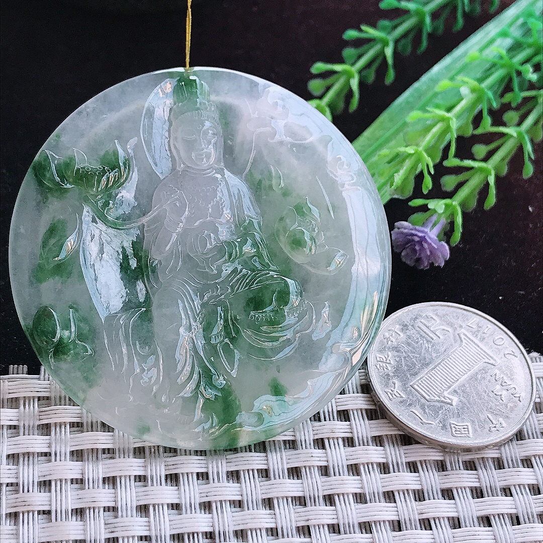 实拍A货翡翠53.2/5.5老坑冰胶冰飘花赐福观音吊坠翡翠玉牌挂件