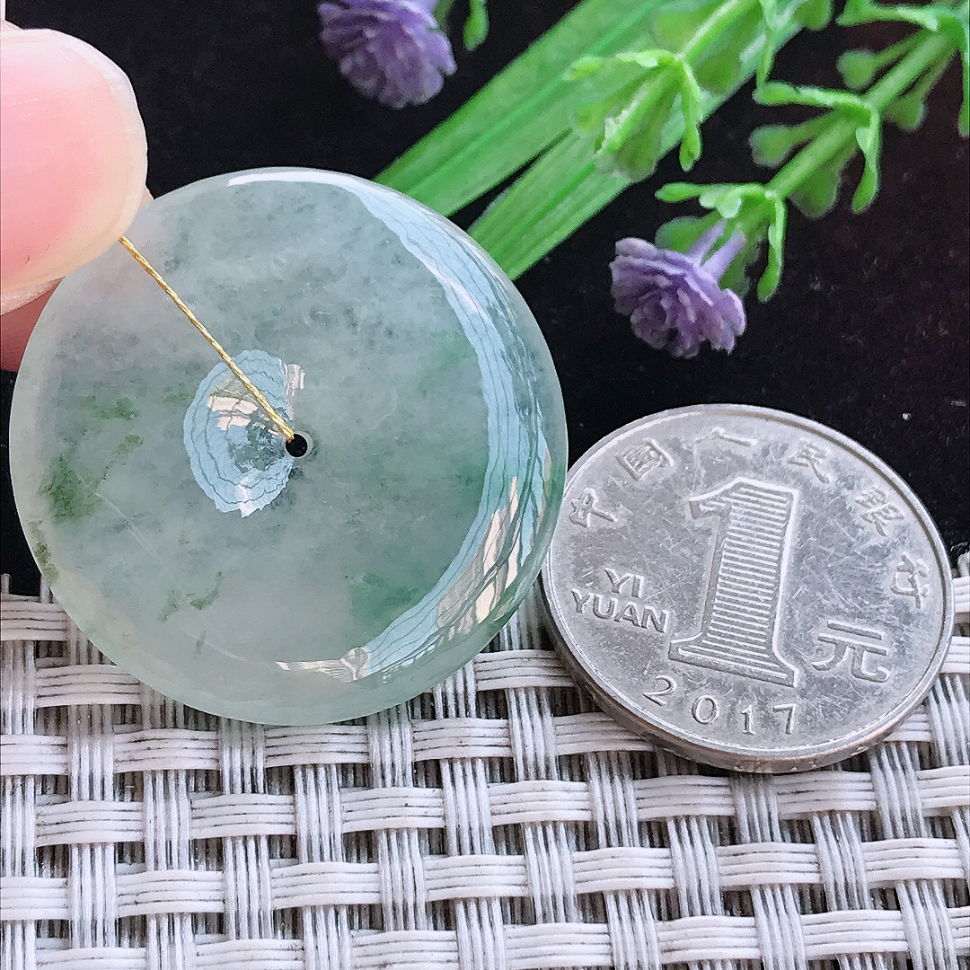 实拍A货翡翠31.6/5.2老坑冰胶飘花平安扣吊坠翡翠玉扣挂件
