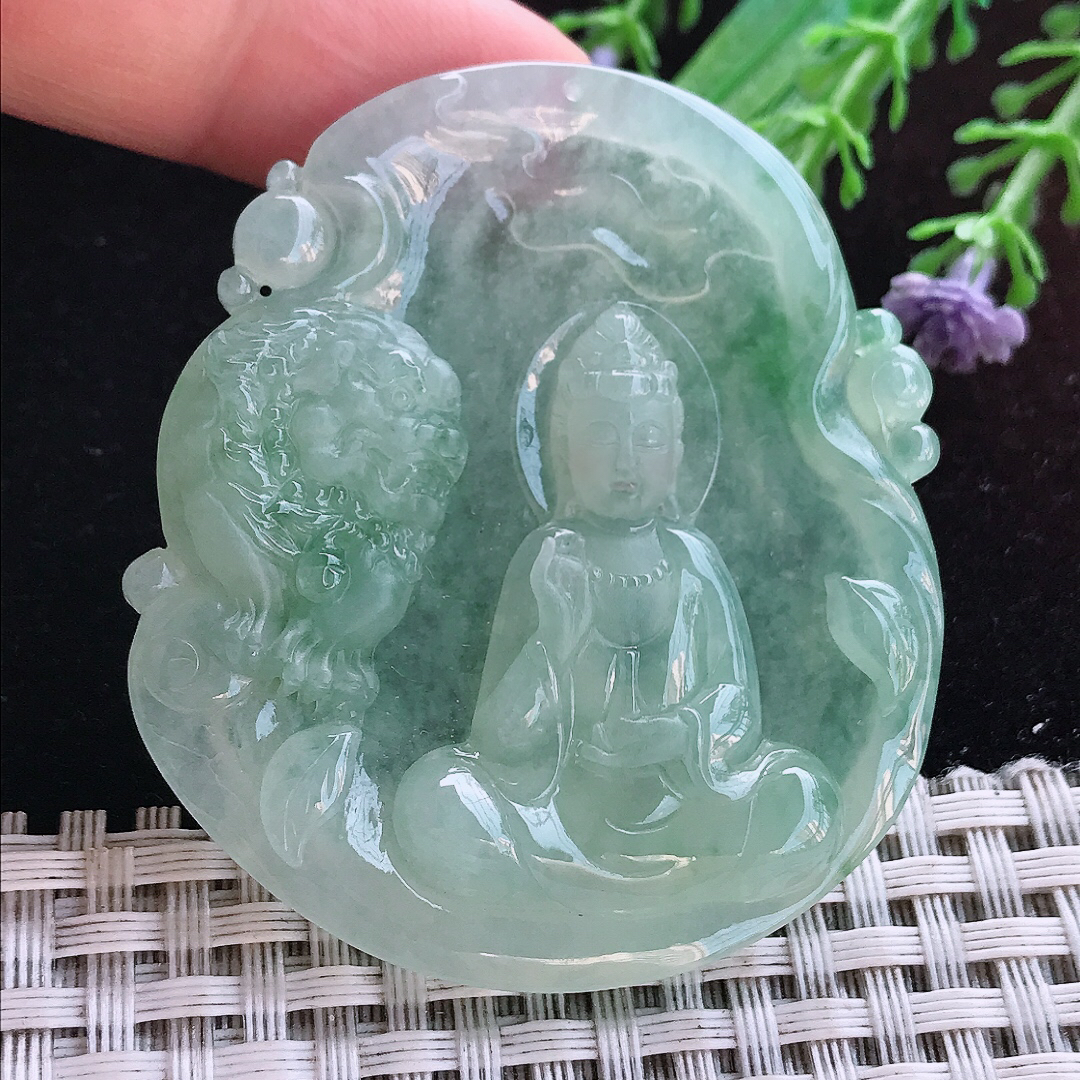 实拍A货翡翠54.5/49/6.8老坑冰透起胶冰晴文殊菩萨吊坠翡翠玉牌挂件