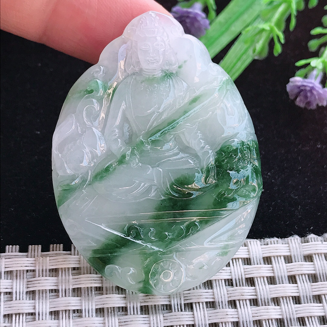 实拍A货翡翠52.5/39.5/5.5老坑冰润起胶飘花文殊菩萨吊坠翡翠玉牌挂件