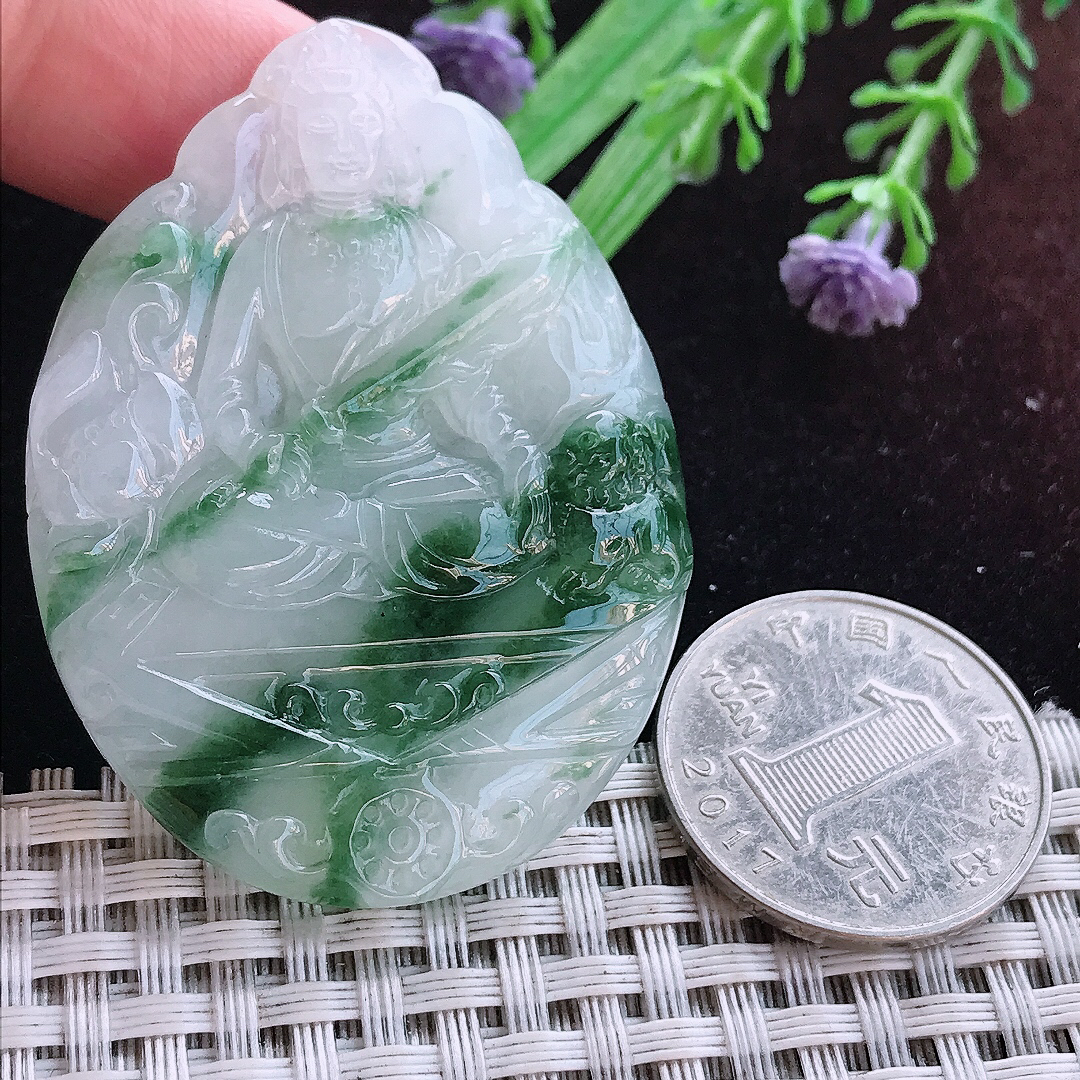 实拍A货翡翠52.5/39.5/5.5老坑冰润起胶飘花文殊菩萨吊坠翡翠玉牌挂件