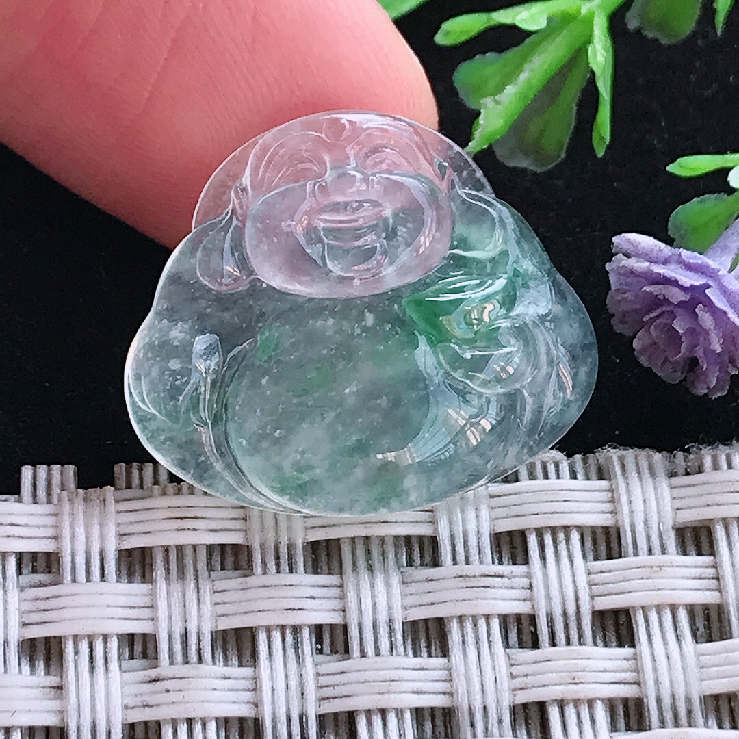 实拍A货翡翠17.8/21/4.1老坑冰种冰飘花佛公镶嵌件吊坠翡翠玉牌挂件