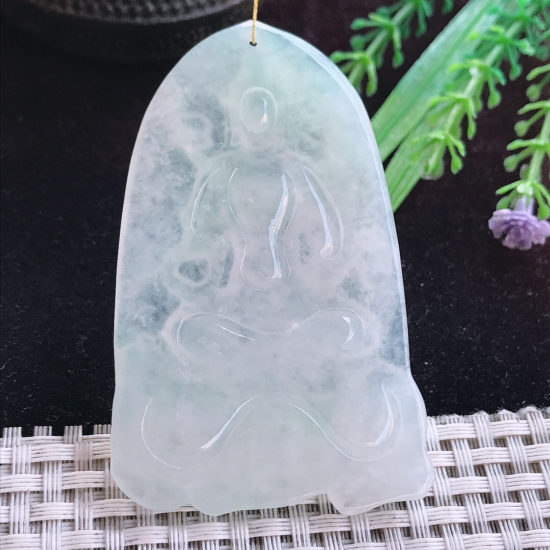 实拍A货翡翠68/43/6.2老坑冰透起胶晴底文殊菩萨吊坠翡翠玉牌挂件