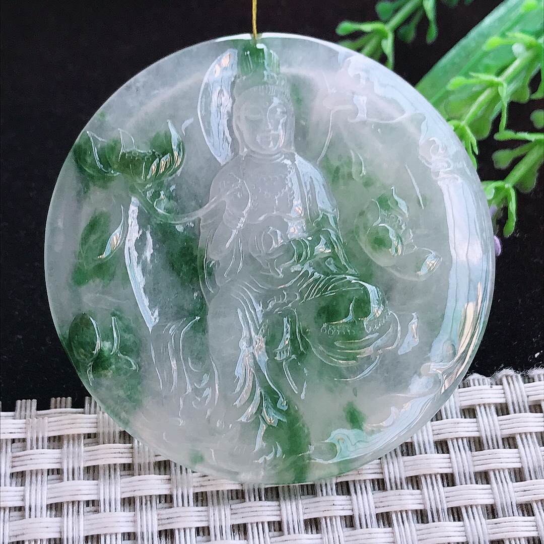 实拍A货翡翠53.2/5.5老坑冰胶冰飘花赐福观音吊坠翡翠玉牌挂件