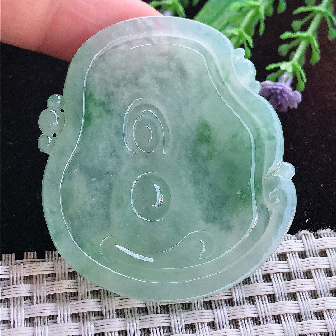 实拍A货翡翠54.5/49/6.8老坑冰透起胶冰晴文殊菩萨吊坠翡翠玉牌挂件
