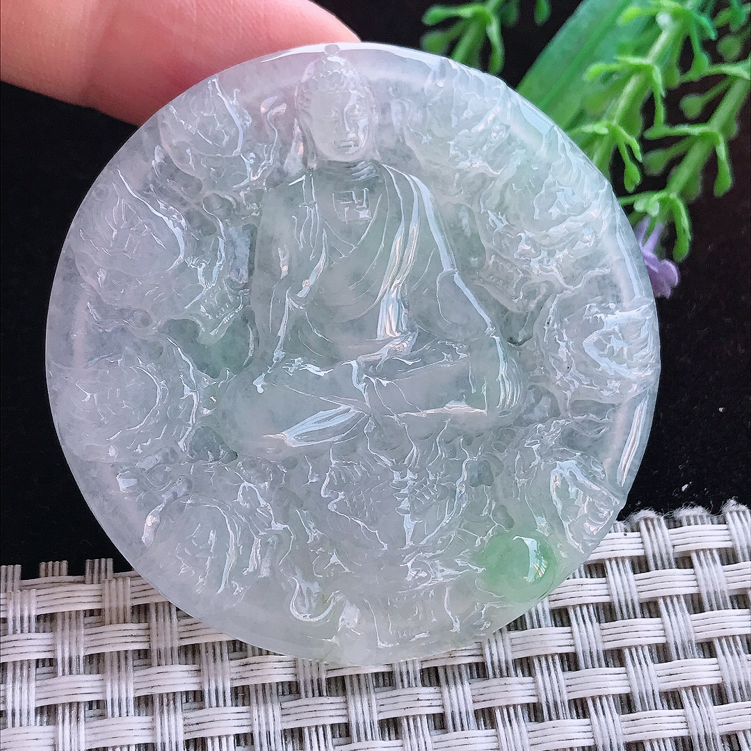 实拍A货翡翠54.5/5.2老坑冰胶晴底阿弥陀佛吊坠翡翠玉牌挂件