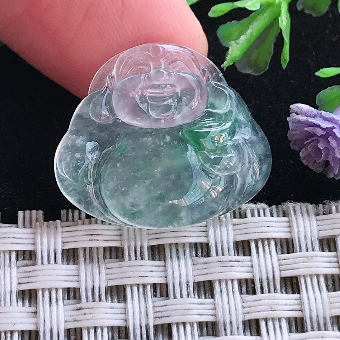 实拍A货翡翠17.8/21/4.1老坑冰种冰飘花佛公镶嵌件吊坠翡翠玉牌挂件