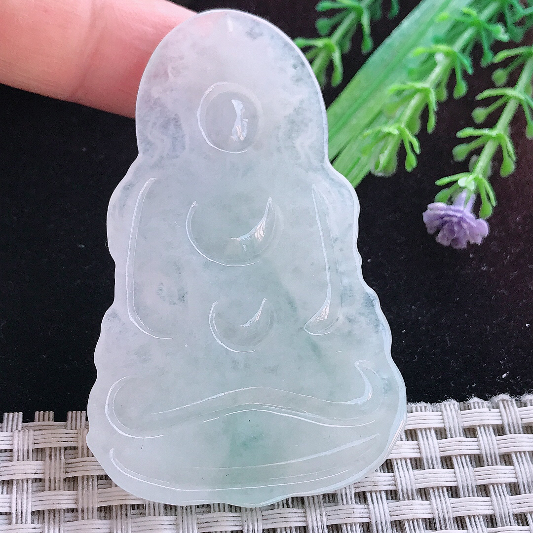 实拍A货翡翠65/41/6.5老坑温润飘花渡母菩萨吊坠翡翠玉牌挂件
