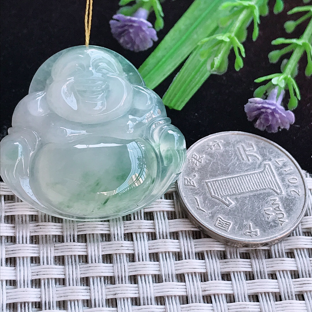 实拍A货翡翠32/34.3/7.2老坑冰种冰飘花佛公吊坠翡翠玉佛挂件