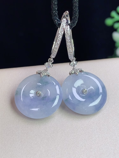 18k金镶冰紫飘花平安扣耳环，无裂，裸石尺寸14-3.5mm，S08ytf