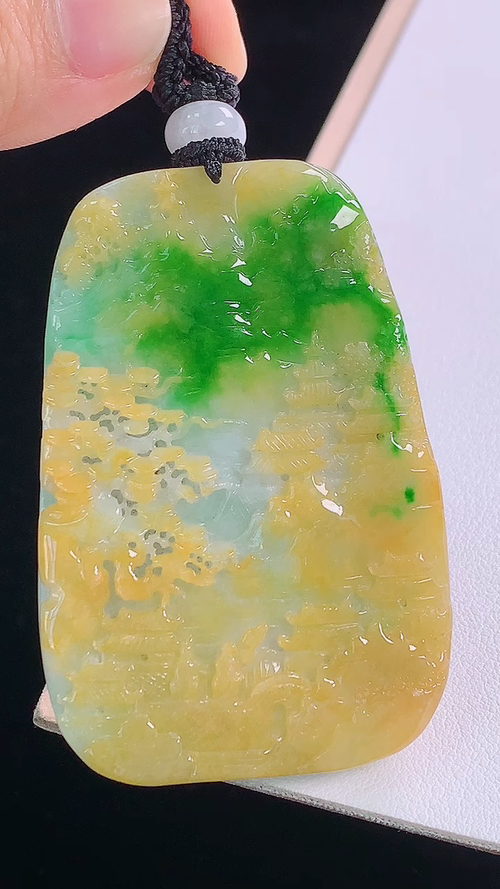 ️三彩山水牌，无裂，尺寸:61.5-41.4-7.5mm 6