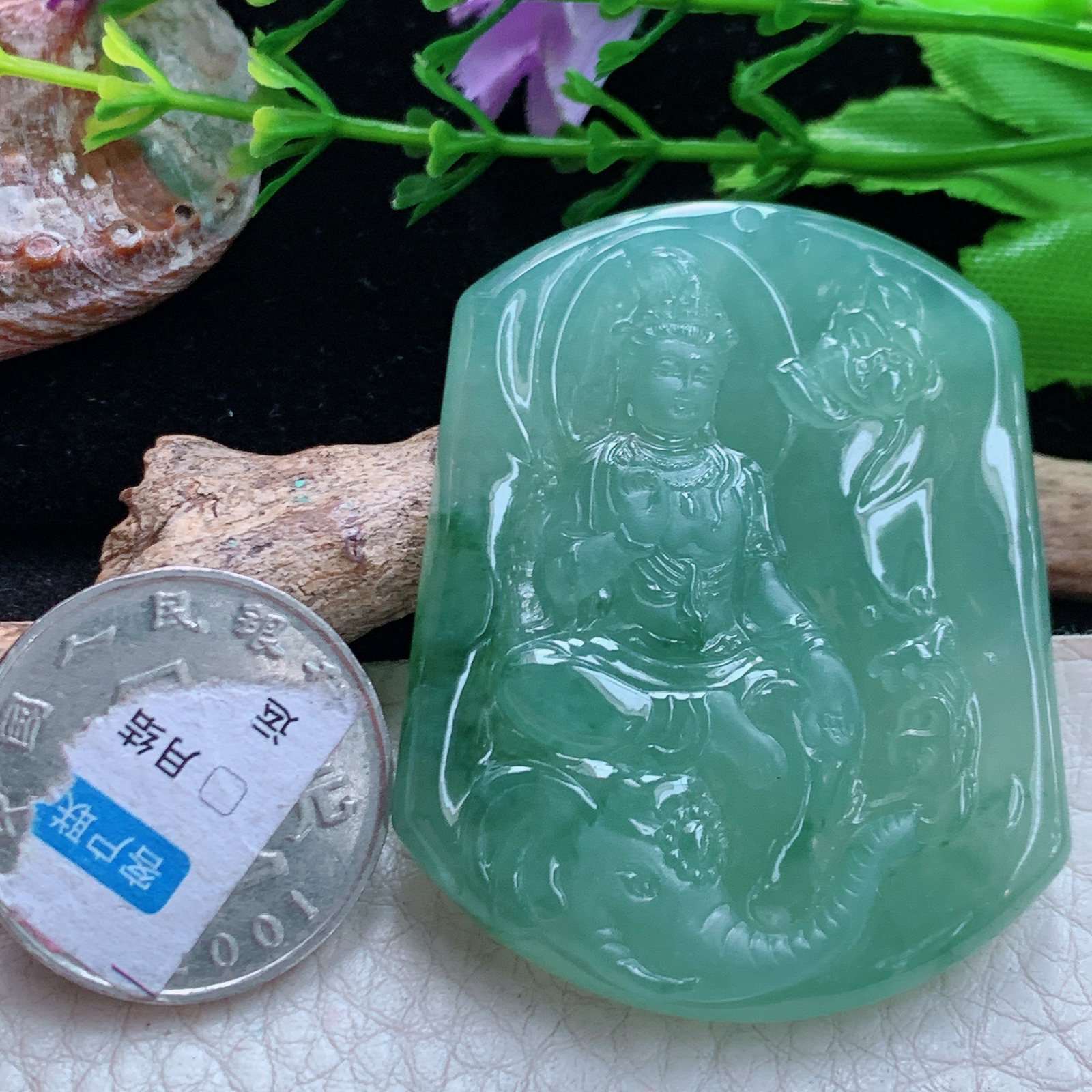 Ktj实拍50*40.2*6天然缅甸翡翠a货冰透普贤观音菩守护神菩萨吊坠