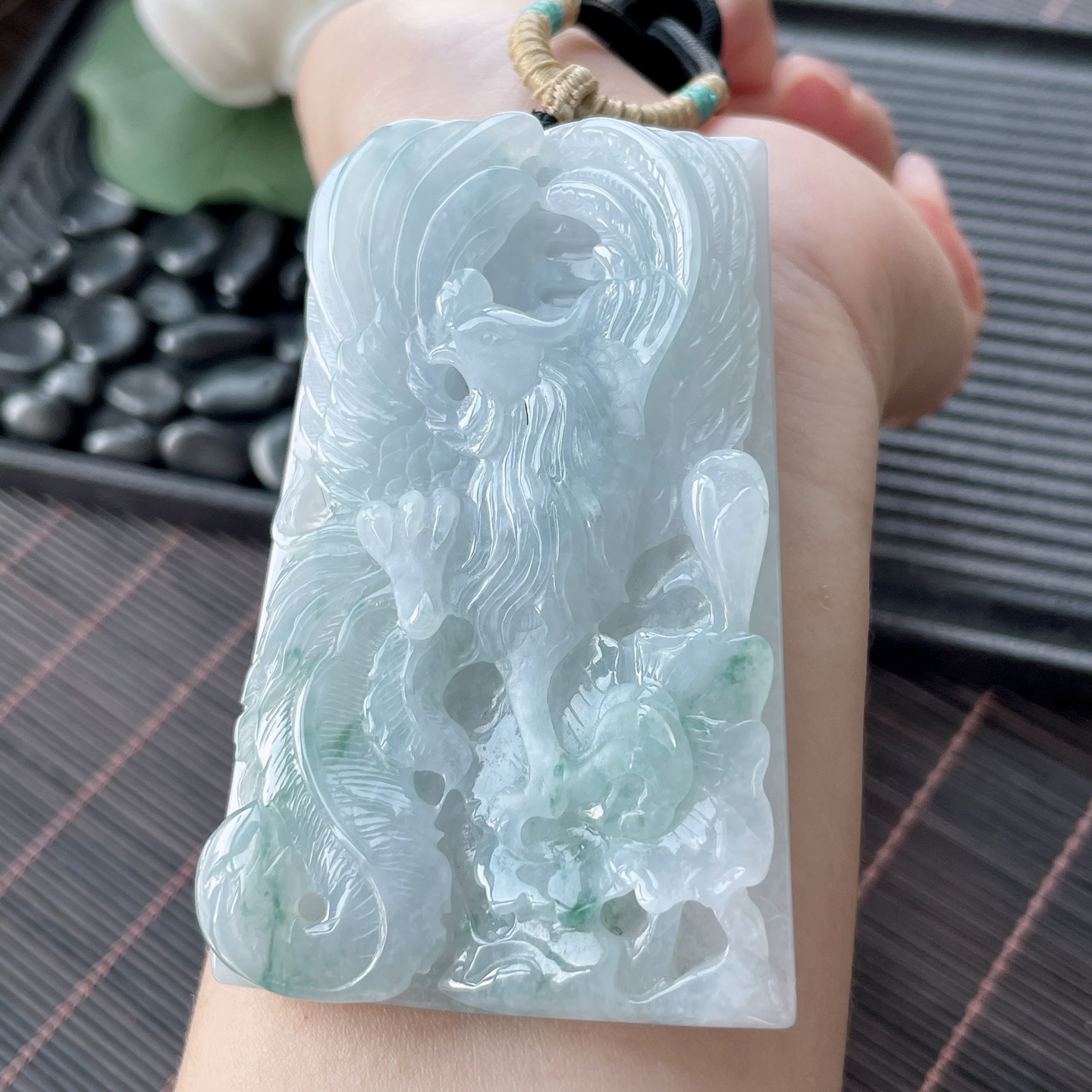 冰种飘花精工雕刻凤凰超大无事牌 YJ3-09-9 尺寸：75.1-48.2-12，75.1-48.2-12