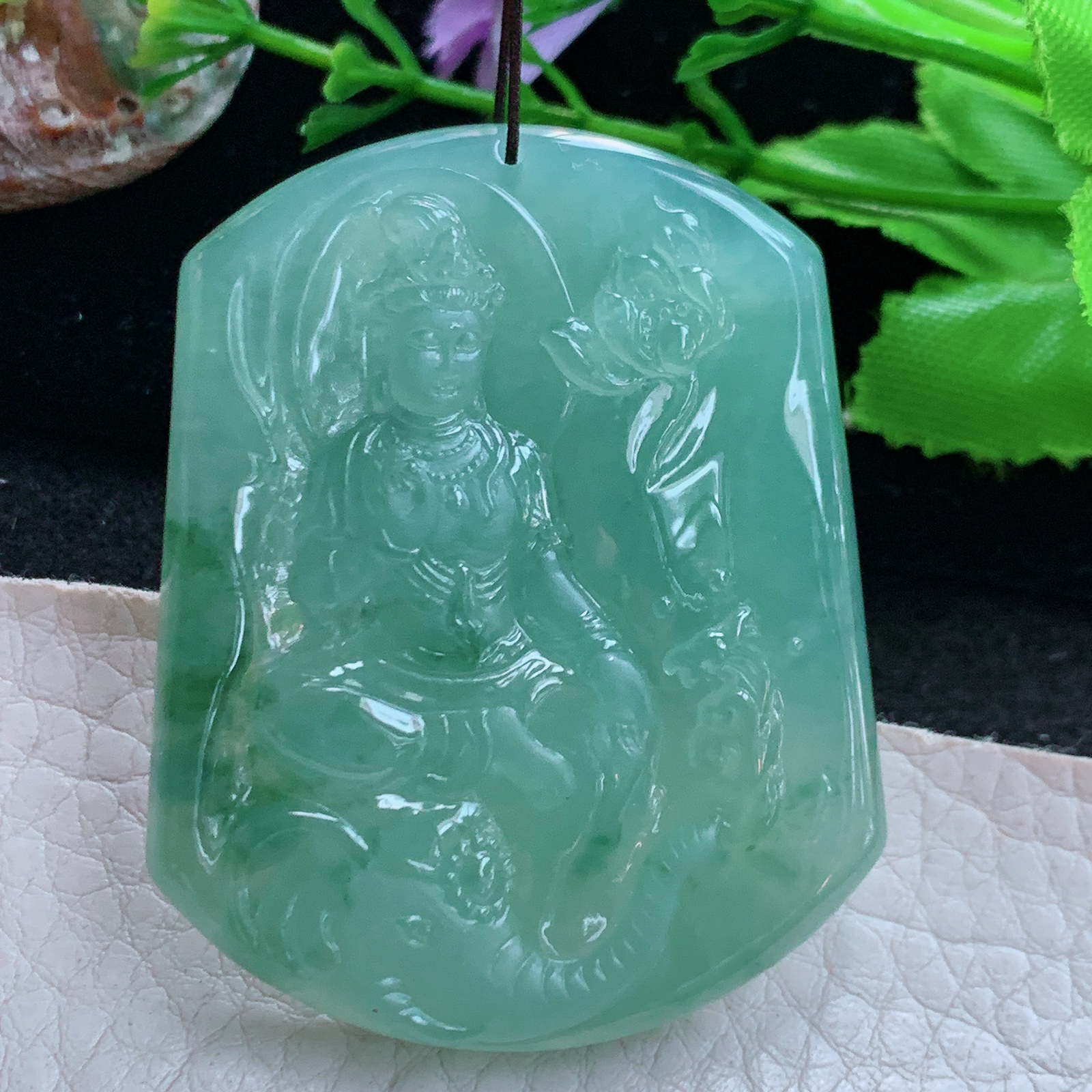 Ktj实拍50*40.2*6天然缅甸翡翠a货冰透普贤观音菩守护神菩萨吊坠