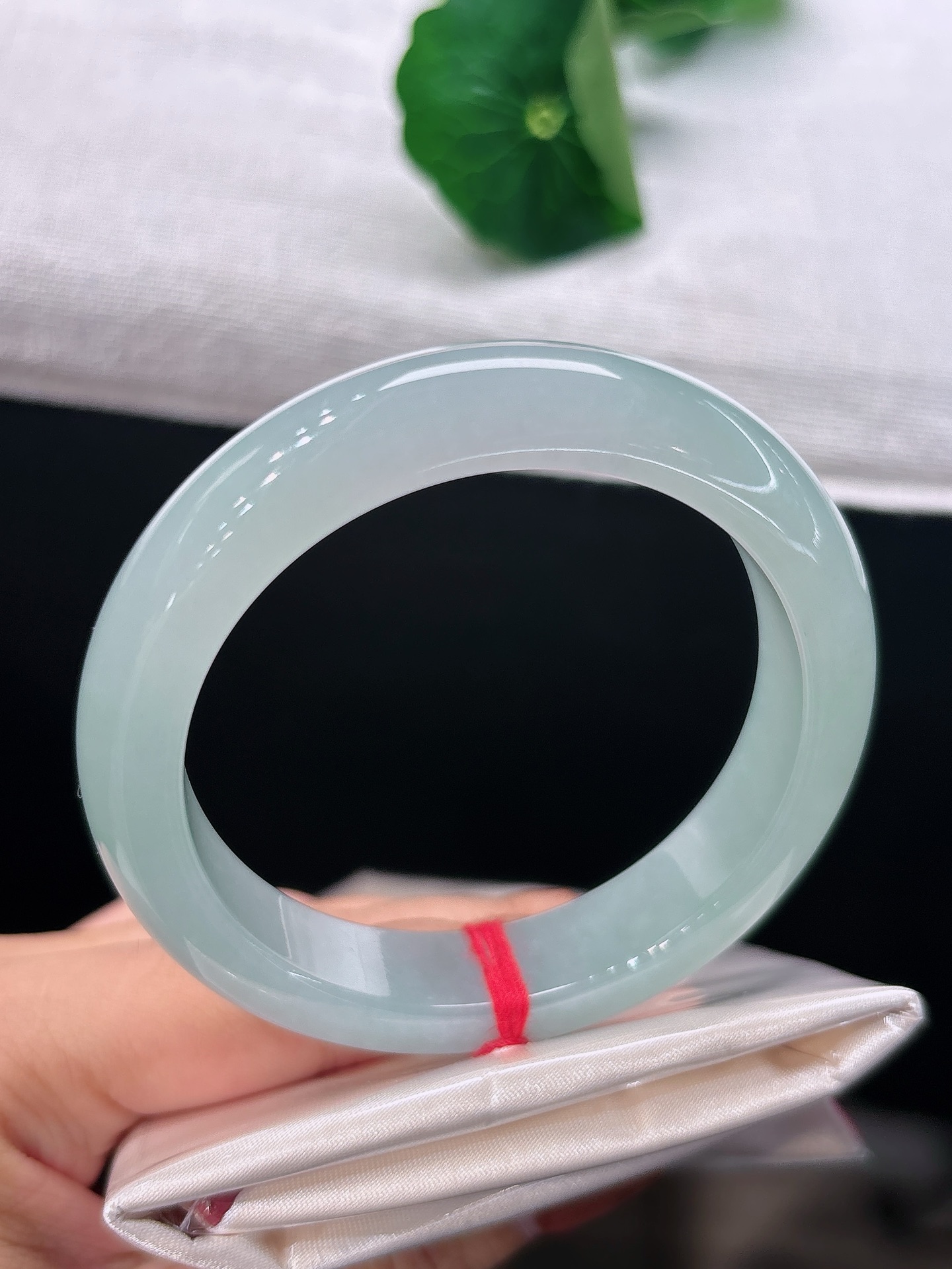 天然翡翠手镯，圈口54.4/12.5/9.1，正圈浅碧匀净，似一汪柔泉凝于腕间，清透温润，自带温婉气韵，无裂