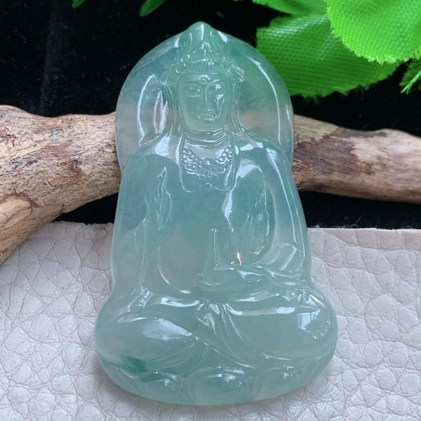 Ktj实拍49*30.5*4.5天然缅甸翡翠a货冰种飘花净瓶观音菩萨吊坠普渡众生