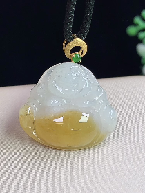 18k金镶冰飘黄翡佛公，无裂，尺寸19.8*21.5*6.3mm，S09ytf