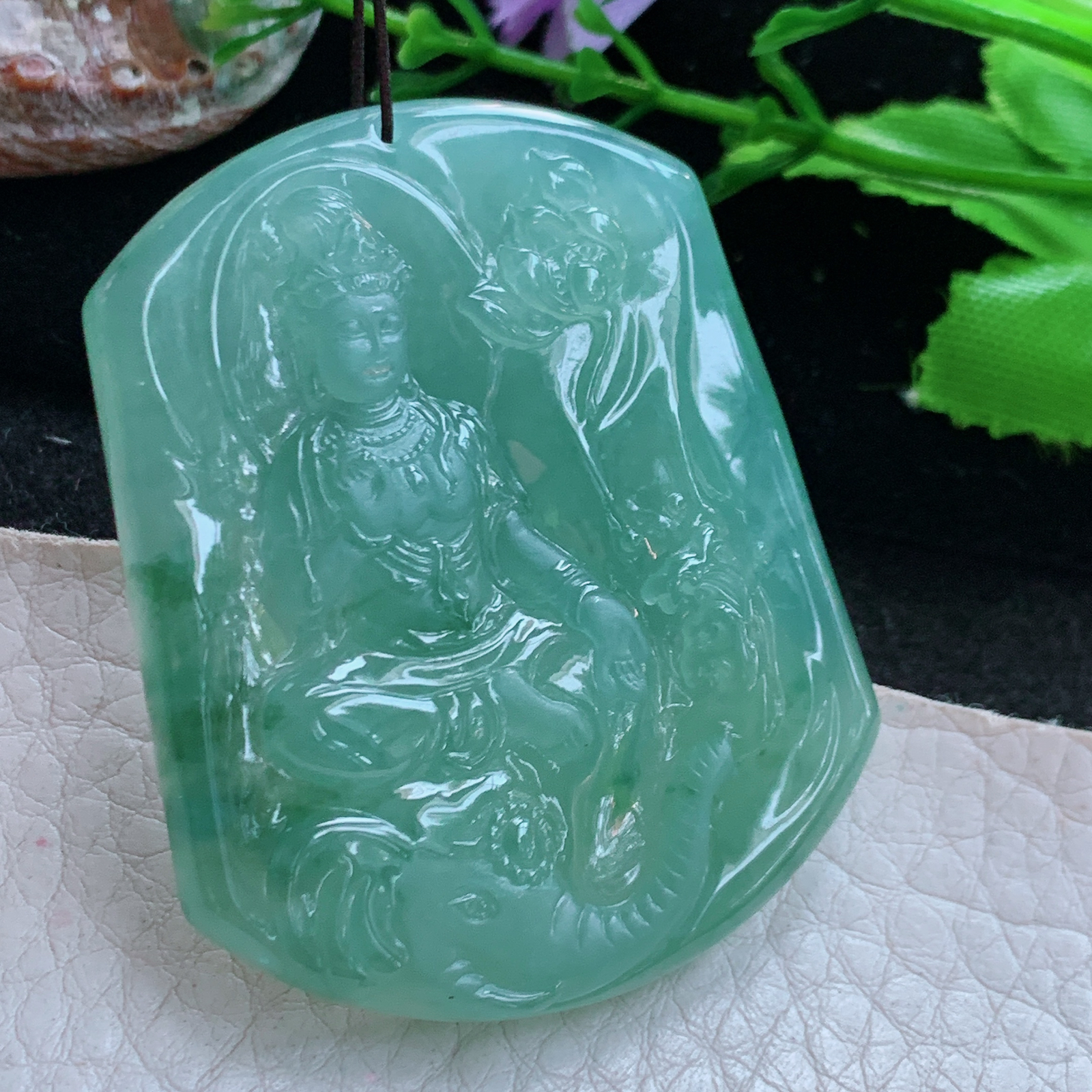 Ktj实拍50*40.2*6天然缅甸翡翠a货冰透普贤观音菩守护神菩萨吊坠