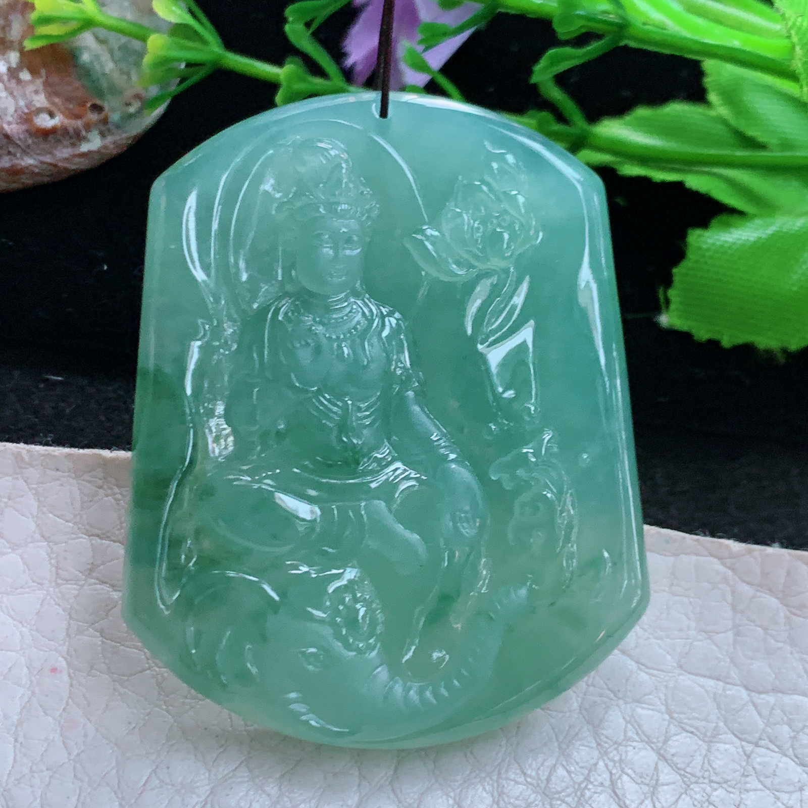 Ktj实拍50*40.2*6天然缅甸翡翠a货冰透普贤观音菩守护神菩萨吊坠